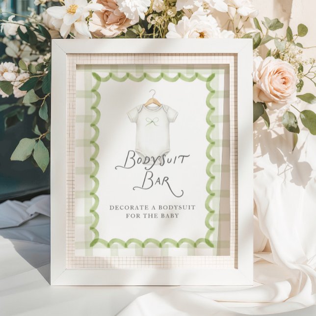 Whimsicaler grüner Gingham-Baby-Shower-Bodysuit-St Poster (Von Creator hochgeladen)