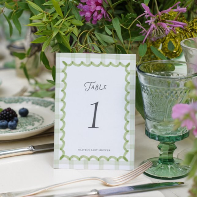 Whimsicaler grüner Gingham-Baby-Shower-Tischnummer (Von Creator hochgeladen)
