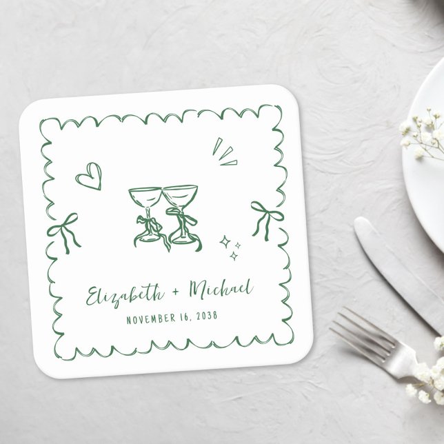 Whimsicaler grüner wellenförmiger Rahmen Hochzeit Rechteckiger Pappuntersetzer (Whimsical Green Wavy Frame Wedding Square Paper Coaster)