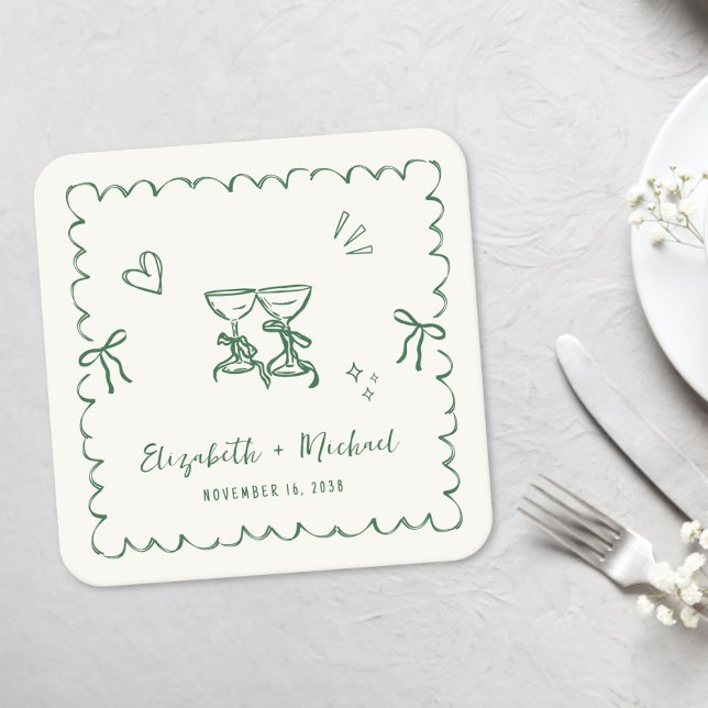 Whimsicaler grüner welliger Rahmen Creme Hochzeit Rechteckiger Pappuntersetzer (Whimsical Green Wavy Frame Cream Wedding Square Paper Coaster)