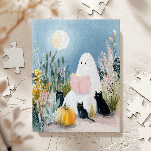 Whimsicaler Halloween-Buchliebhaber-Geist Schwarze Puzzle