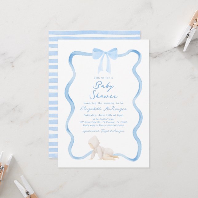 Whimsicaler handgezeichneter blauer Bogen Junge Ba Einladung (Vorderseite/Rückseite Beispiel)