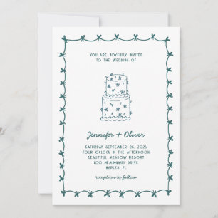 Whimsicaler handgezeichneter Hochzeitstorte Teal Einladung