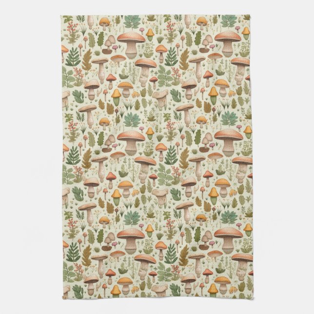 Whimsicaler Herbst-Pilz-Wald nahtloses Muster Geschirrtuch (Vertikal)
