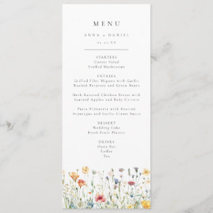 Whimsicaler Hochzeitsmenü mit Frühlingswildblumen Menükarte