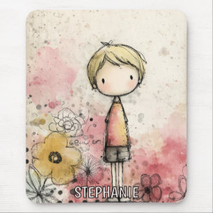 Whimsicaler Junge Wasserfarbe mit floralen Akzente Mousepad