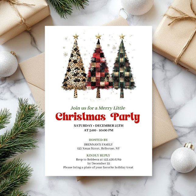 Whimsicaler Leopard- und Karo-Weihnachtsbaum-Einla Einladung (Whimsical leopard and plaid Christmas tree invite)