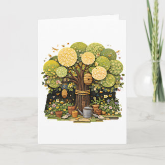 Whimsicaler Mixed-Media-Gartenbaum mit Bienenstöck Karte