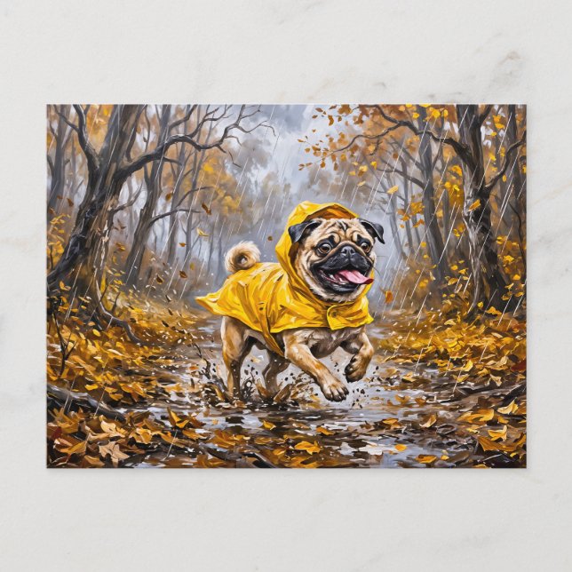 Whimsicaler November-Regenwald-Mops-Illustration Postkarte (Vorderseite)