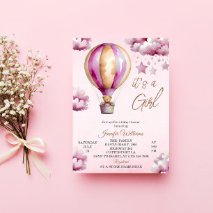 Whimsicaler rosa Heißluftballon Mädchen Baby-Party Einladung
