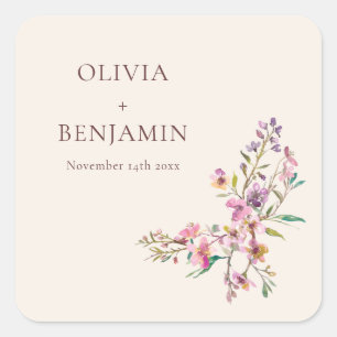 Whimsicaler Rosa Lila Wildblumen Boho Hochzeitsnam Quadratischer Aufkleber