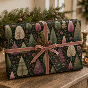 Whimsicaler rosa Weihnachtsbaum und Blumenmuster  Geschenkpapier