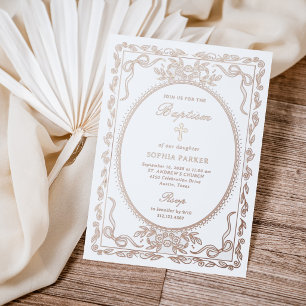 Whimsicaler Rosen-Gold-Coquette-Rahmen Taufe Folieneinladung