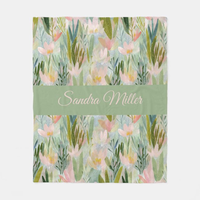 Whimsicaler Salbeigrüner Floraler Personalisierter Fleecedecke (Vorderseite)