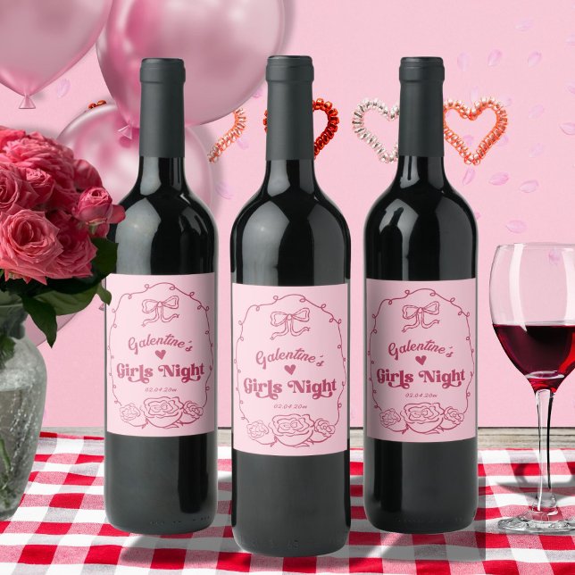 Whimsicaler Trendiger Galentine's Mädchenabend-Par Weinetikett (galentines day girls night out pink coquette whimsical wine bottles)