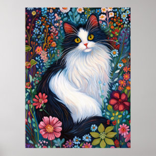 Whimsicaler Tuxedo-Kater mit Wildblumen Poster
