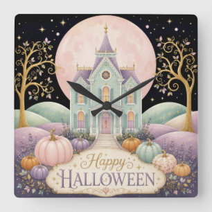 Whimsicaler viktorianischer Spukhaus-Halloween in Quadratische Wanduhr