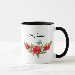 Whimsicaler Vintage-Roter Mohn-Wasserfarbe mit Nam Tasse