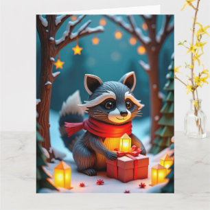 Whimsicaler Waschbär mit Geschenken Schneeige Weih Karte