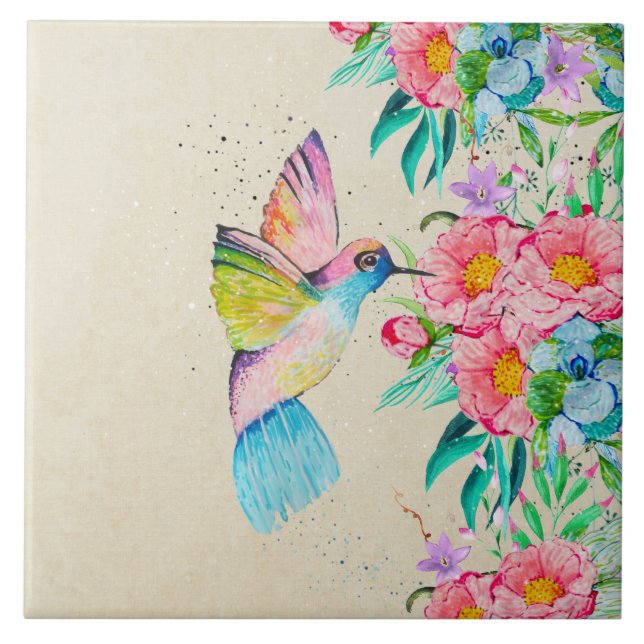 Whimsicaler Wasserfarb-Kolibri und Blumen Fliese (Vorderseite)