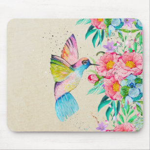 Whimsicaler Wasserfarben-Kolibri und Blumen Mousepad