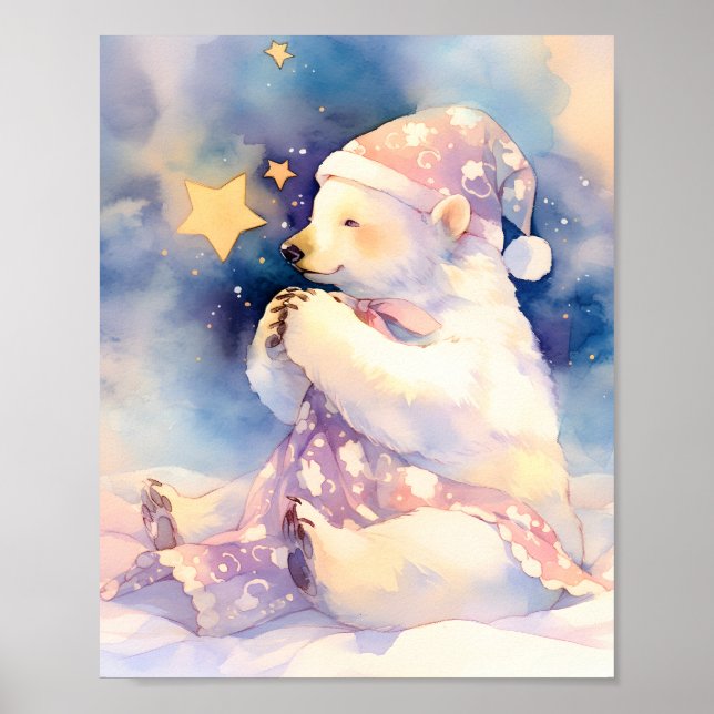 Whimsicaler Wasserfarben-Nursery-Poster mit Eisbär Poster (Vorne)