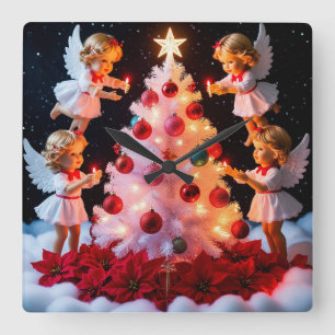 Whimsicaler Weihnachtsbaum mit Engelsfiguren Quadratische Wanduhr