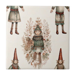 Whimsicaler Weihnachtselfen-Volks kunst Cream Grün Fliese