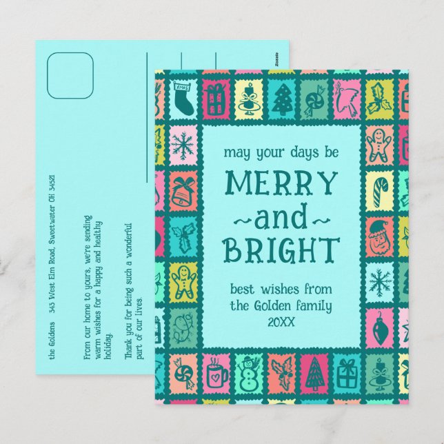 Whimsicaler Weihnachtsraster Süßer Benutzerdefinie Feiertagspostkarte (Vorne/Hinten)