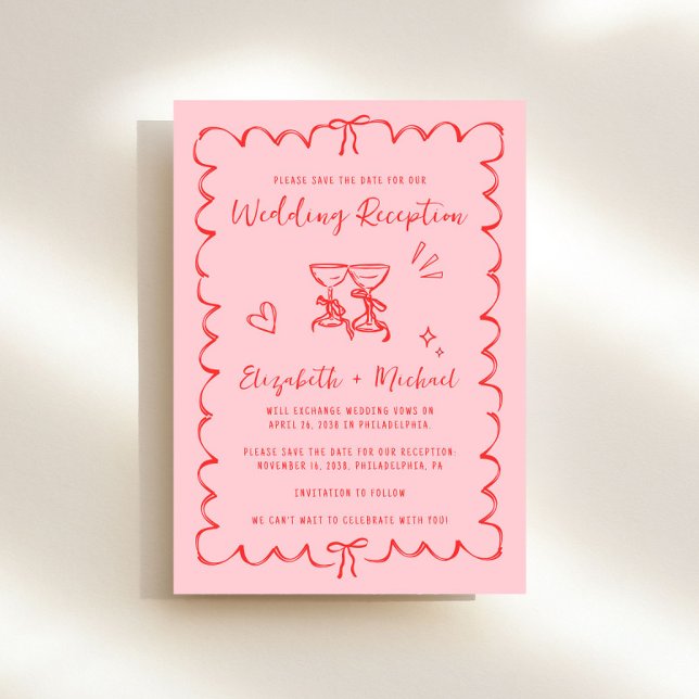 Whimsicaler Welligkeitsrahmen Foto Hochzeitsempfan Save The Date (Fun wedding reception save the date featuring whimsical hand drawn wine glasses with hearts + bows)