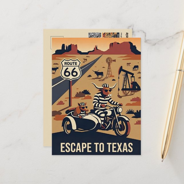 Whimsicaler WPA-Style-Reise Texas Postkarte (Vorderseite/Rückseite Beispiel)