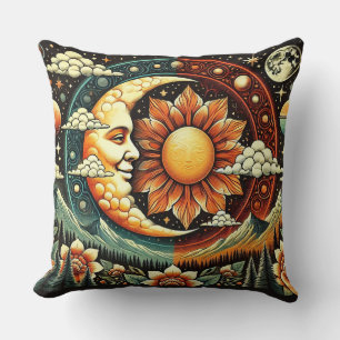 Whimsicalische Sonne und Mond in einem surrealen K Kissen