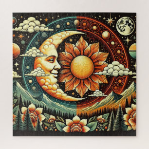 Whimsicalische Sonne und Mond in einem surrealen K Puzzle