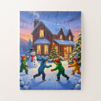Whimsicalische Weihnachtsszene Schneeballschlacht Puzzle