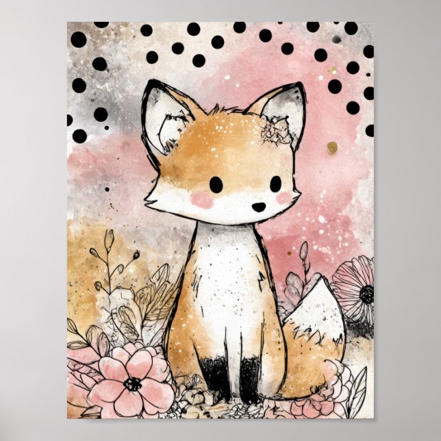 Whimsige Fuchs-Wasserfarben-Blumenkunst Poster (Vorne)
