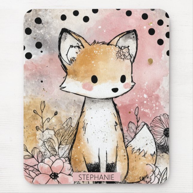 Whimsige Fuchs-Wasserfarben-Kunst mit Blumen Mousepad (Vorne)