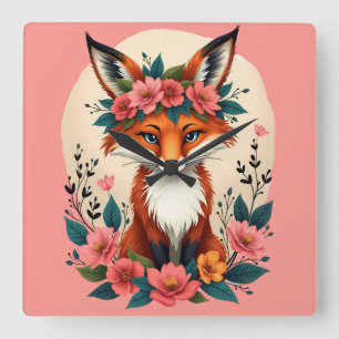 Whimsiger Boho-Fuchs mit floraler Krone Wald Quadratische Wanduhr