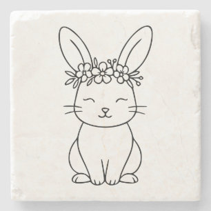 Whimsiger Hase mit floraler Krone Linienkunst  Steinuntersetzer
