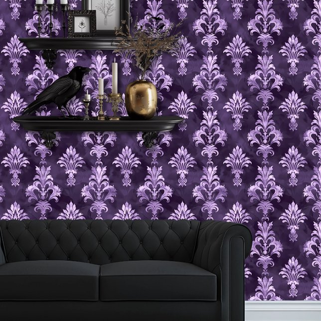 Whimsigoth Antiker Stil Lila Tapete (Whimsigoth Dark Purple with Light Purple wallpaper behind a black couch and goth floating shelves)