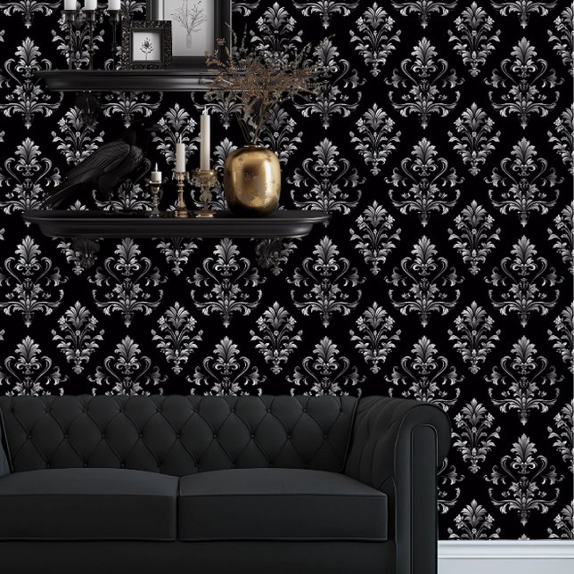 Whimsigoth Black and Silver im Detail Tapete (Whimsigoth Gray Damask on black wallpaper behind a black couch.)