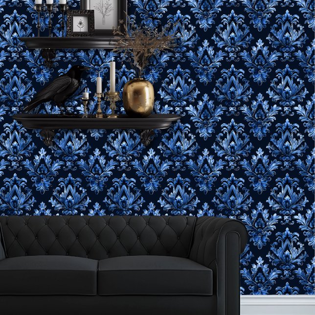 Whimsigoth Decorative Blue Tapete (Whimsigoth Dusty Blue Damask on black wallpaper behind a black couch.)
