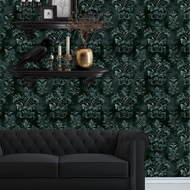 Whimsigoth Decorative Emerald Green Tapete (Whimsigoth Green Damask wallpaper behind a black couch.)
