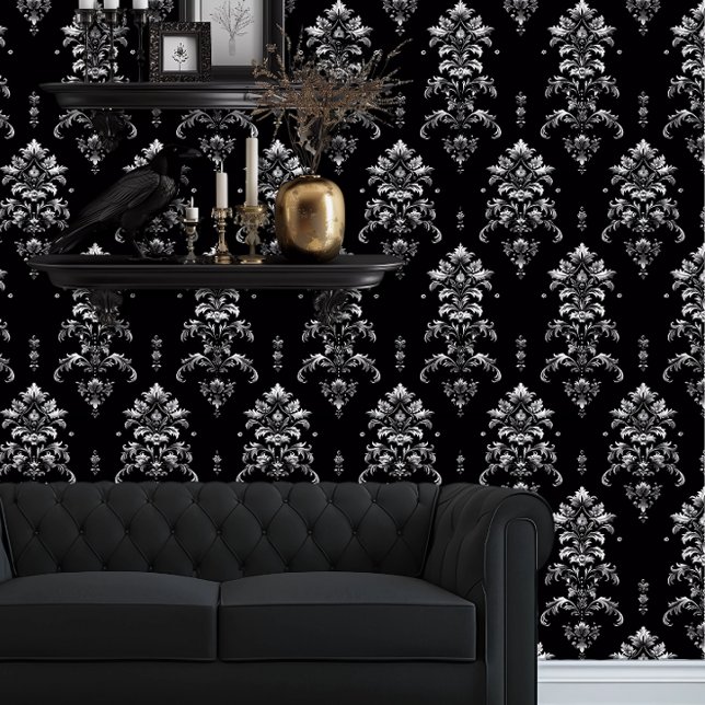 Whimsigoth Detailed Black and Silver Elegant Tapete (Whimsigoth Gray Damask on black wallpaper behind a black couch.)