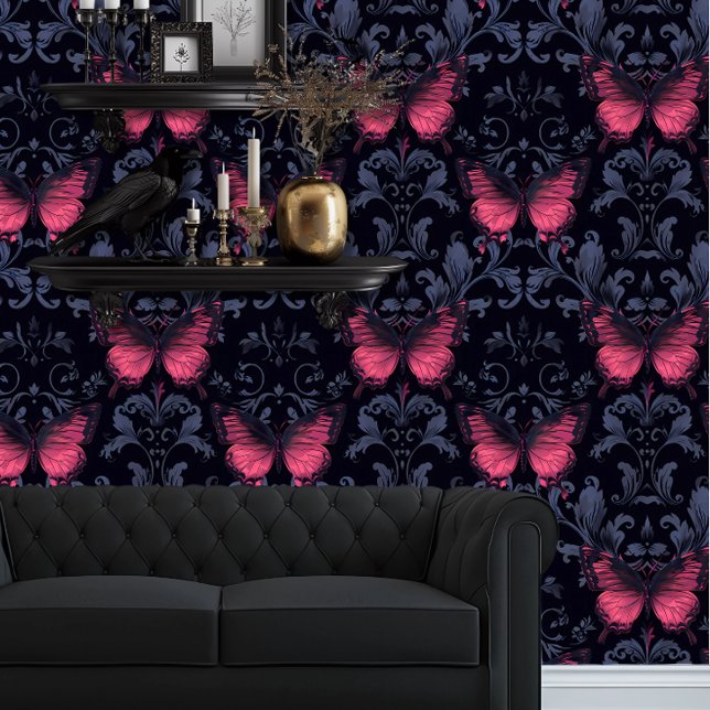 Whimsigoth Elegant Magenta Butterflies Tapete (Whimsigoth Magent Butterflies and Dark Damask wallpaper behind a black couch.)