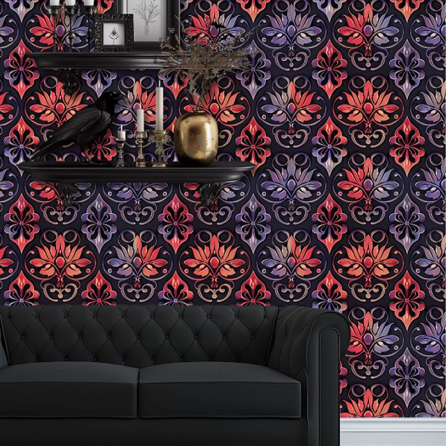Whimsigoth Elegant Rot und Lila Ombre Tapete (Whimsigoth Red & Blue Damask wallpaper behind a black couch.)