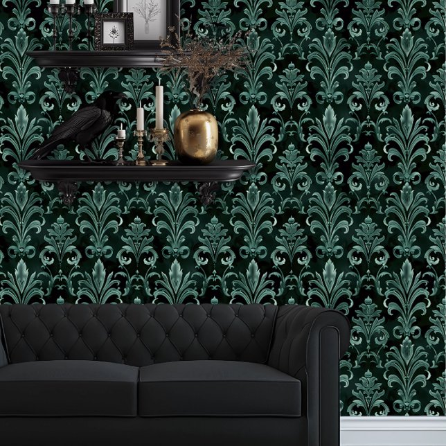 Whimsigoth Emerald Green Fleur Tapete (Whimsigoth Green Damask wallpaper behind a black couch.)
