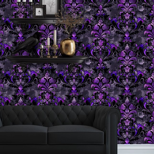 Whimsigoth Funky Delicate Lila Tapete (Whimsigoth Dark Purple and Black Damask wallpaper behind a black couch and goth floating shelves)