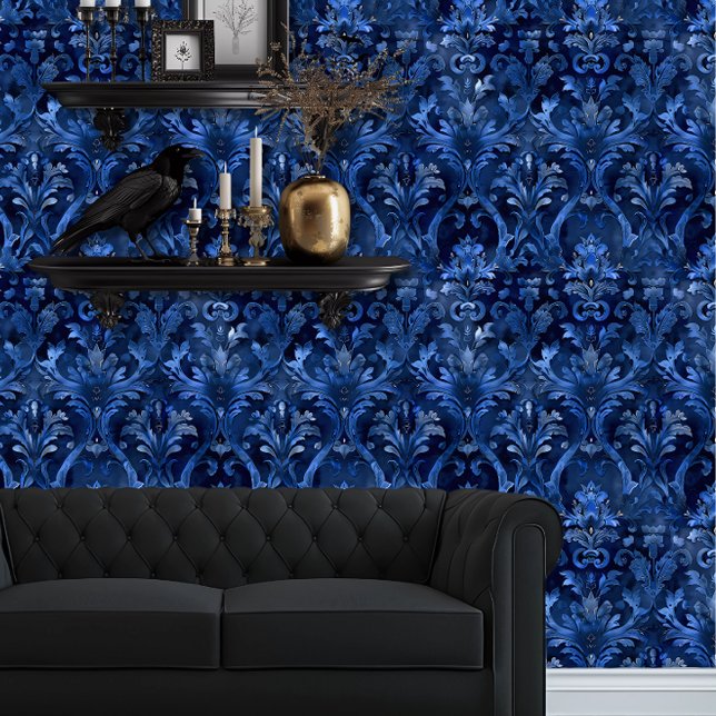 Whimsigoth Intricate Blue Tapete (Whimsigoth Royal Blue Damask wallpaper behind a black couch.)