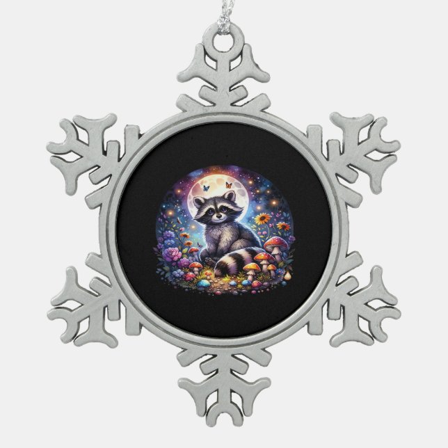 Whimsigoth Raccoon durch Mondlicht, Niedlicher far Schneeflocken Zinn-Ornament (Vorderseite)