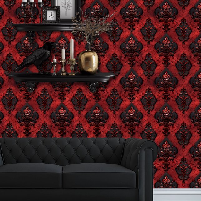 Whimsigoth Sehr detailliert Rot und Schwarz Tapete (Whimsigoth Dark Red & Black Wallpaper behind a black couch and floating goth shelves.)